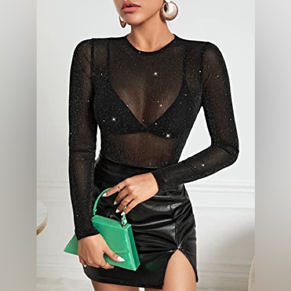 Nwt Black Glittery Sheer Mesh Top